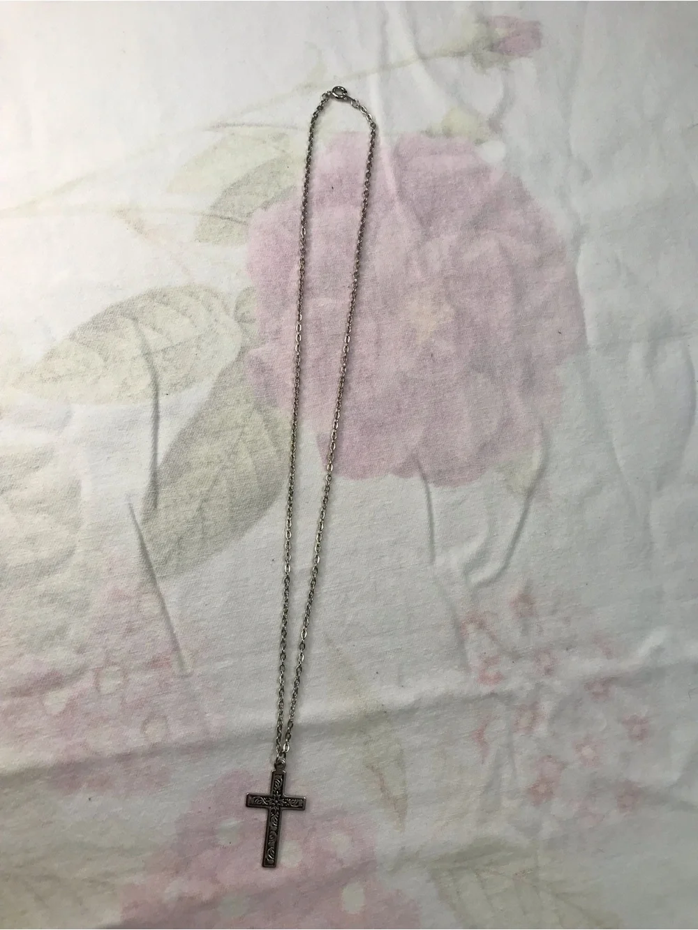 Silver Tone Etched Botanical Cross Pendant on Chain Necklace 20”